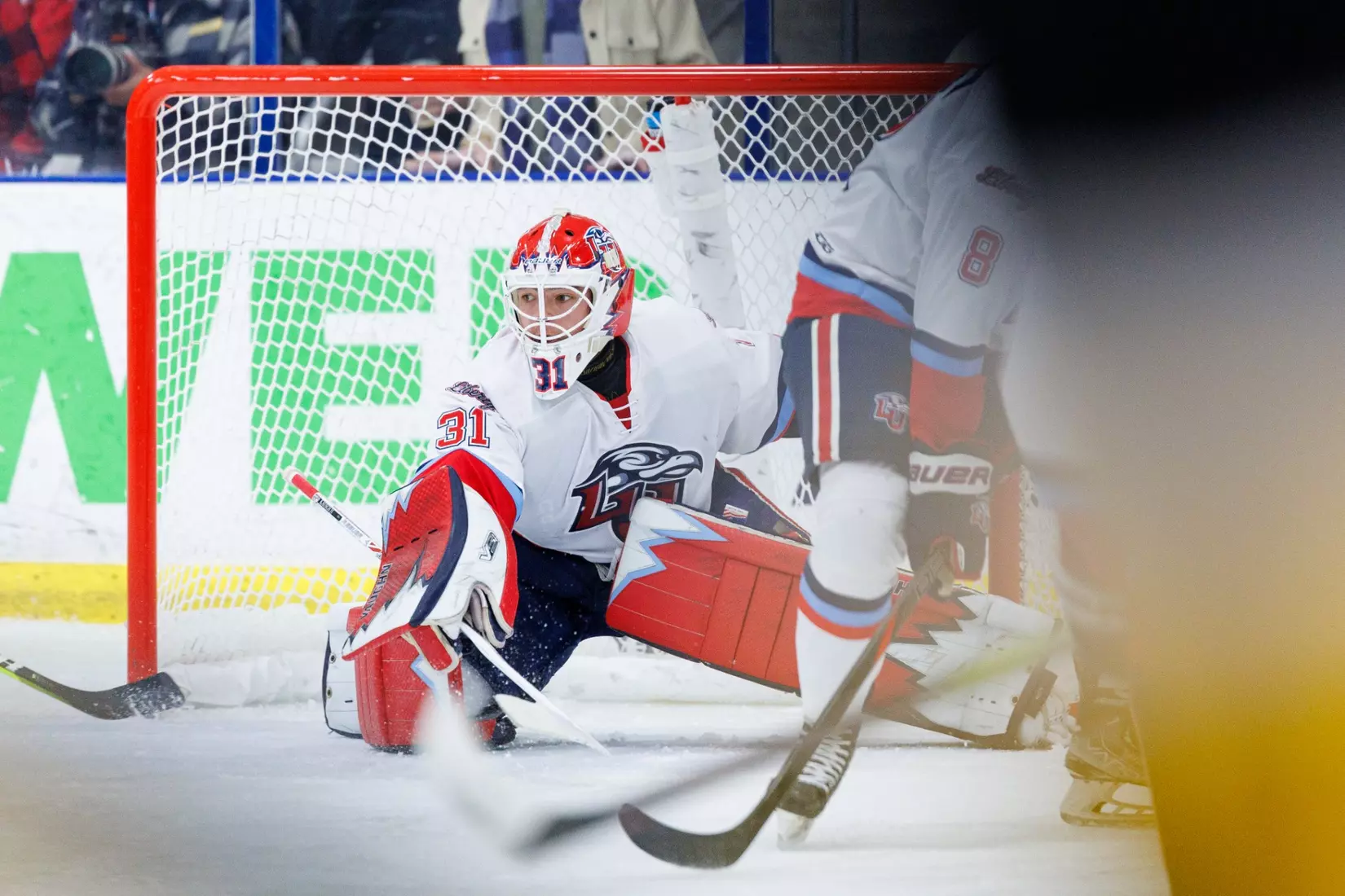 Liberty Men’s D1 Hockey hosts Adrian College for “Hall of Fame” Game in the Lahaye Hockey Center on January 31, 2025. (Photo by: Matt Reynolds)