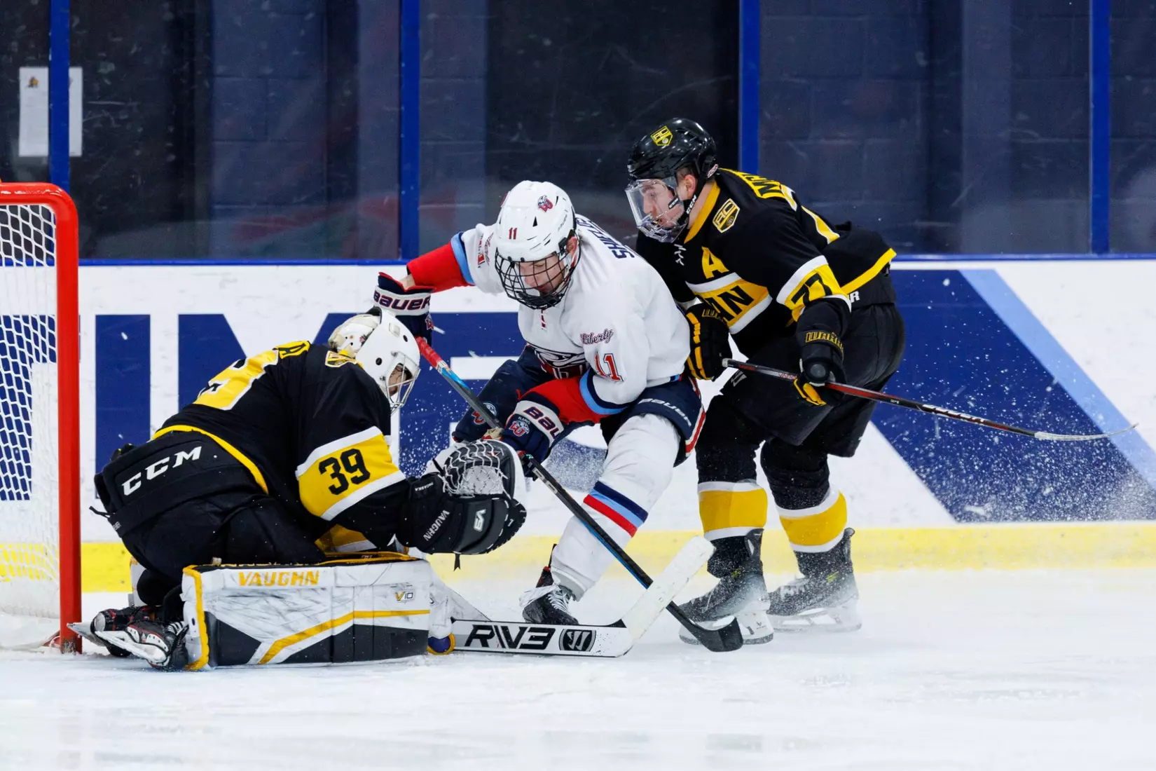 Liberty Men’s D1 Hockey hosts Adrian College for “Hall of Fame” Game in the Lahaye Hockey Center on January 31, 2025. (Photo by: Matt Reynolds)
