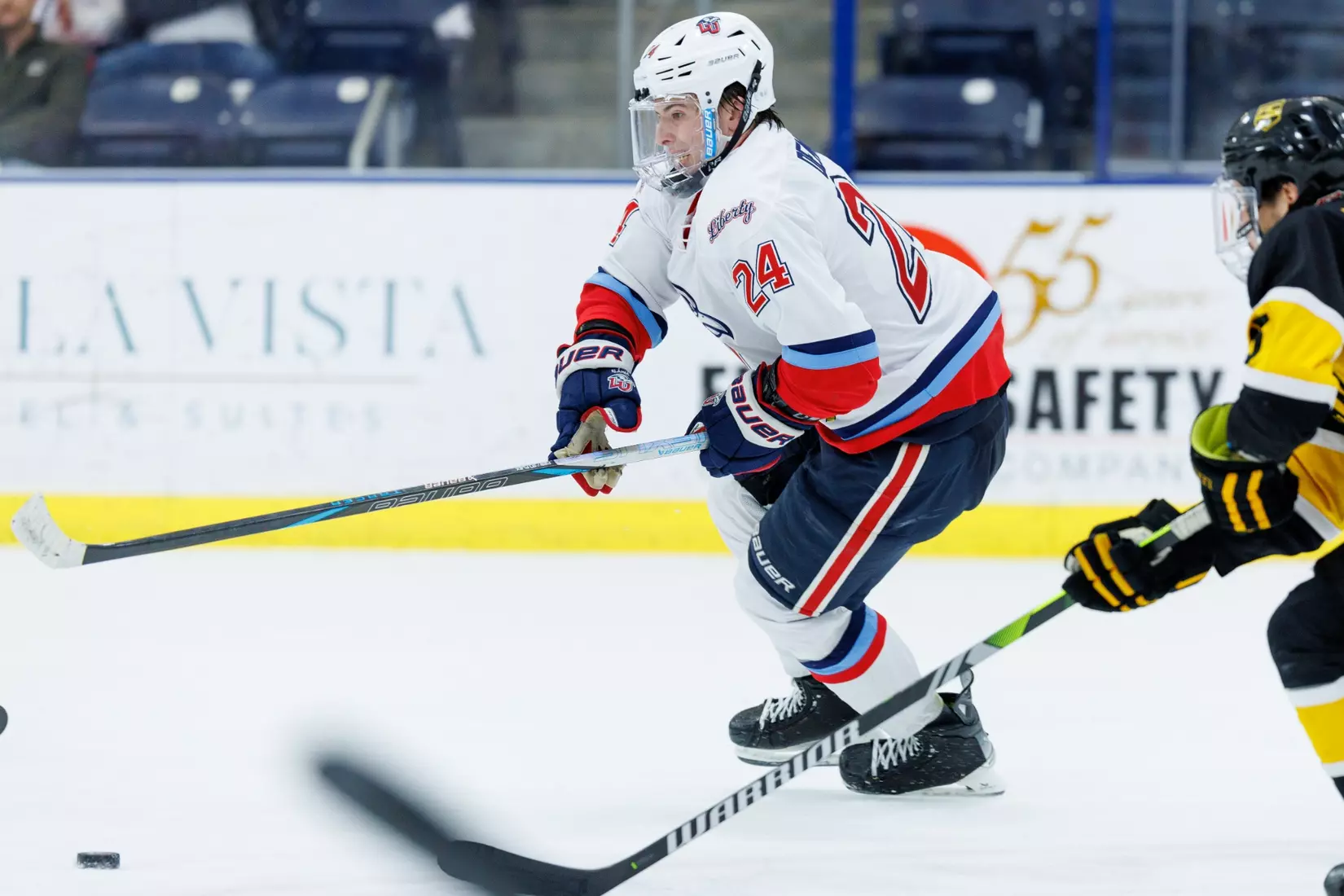 Liberty Men’s D1 Hockey hosts Adrian College for “Hall of Fame” Game in the Lahaye Hockey Center on January 31, 2025. (Photo by: Matt Reynolds)
