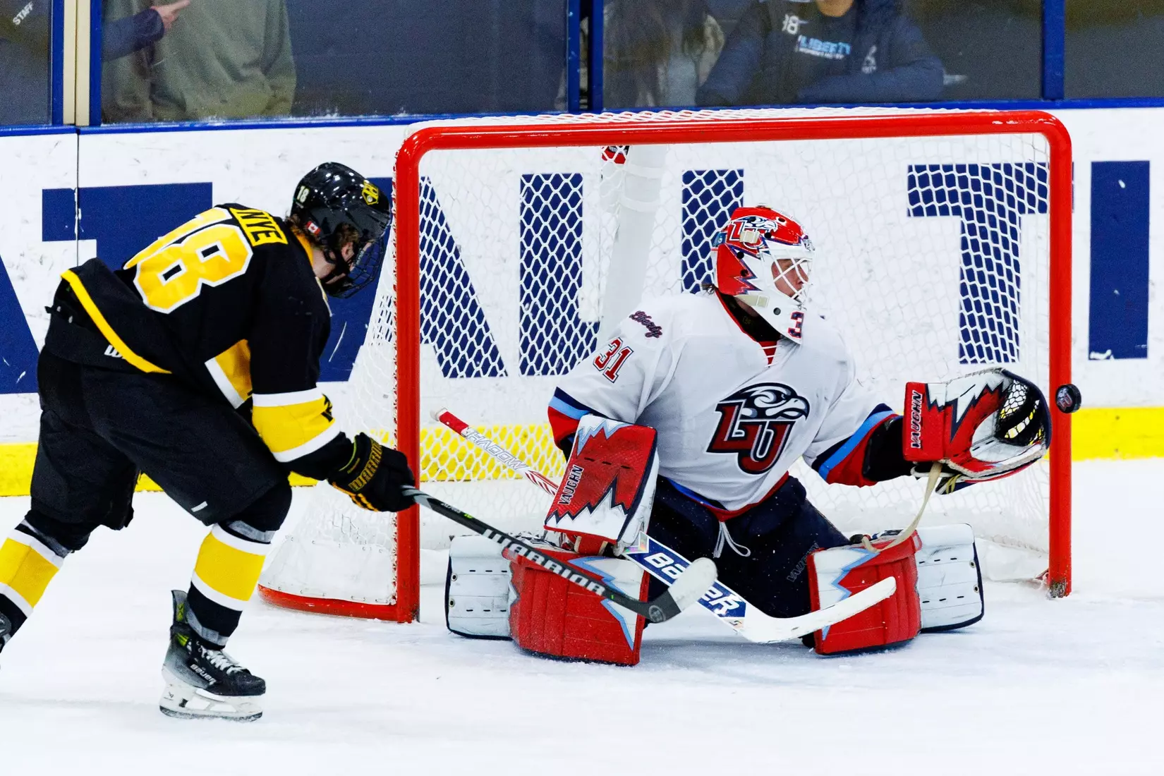 Liberty Men’s D1 Hockey hosts Adrian College for “Hall of Fame” Game in the Lahaye Hockey Center on January 31, 2025. (Photo by: Matt Reynolds)
