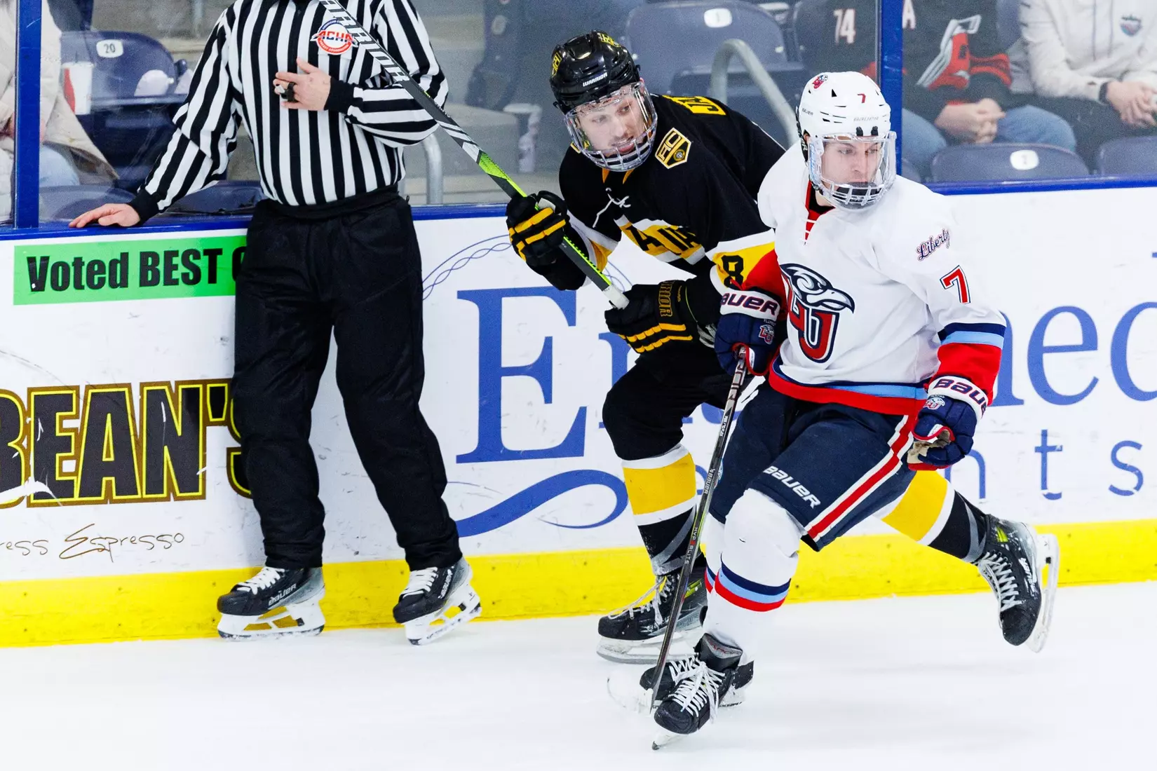 Liberty Men’s D1 Hockey hosts Adrian College for “Hall of Fame” Game in the Lahaye Hockey Center on January 31, 2025. (Photo by: Matt Reynolds)