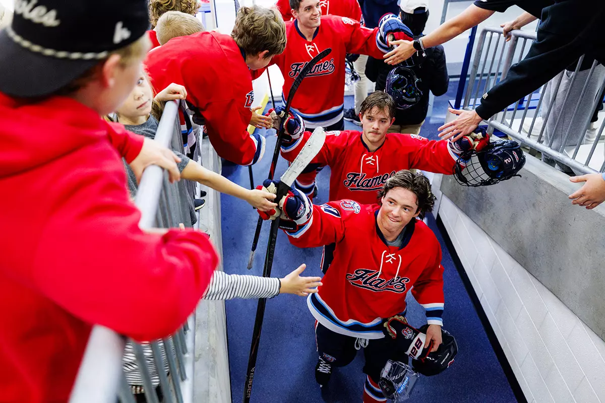 The Synchronized Skating team perform during the Men’s D1 Hockey vs. Jamestown game in the LaHaye Ice Center on November 06, 2025. (Photo by KJ Jugar)