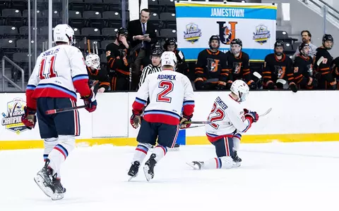 Sam Feamster goal celebration Jamestown bench