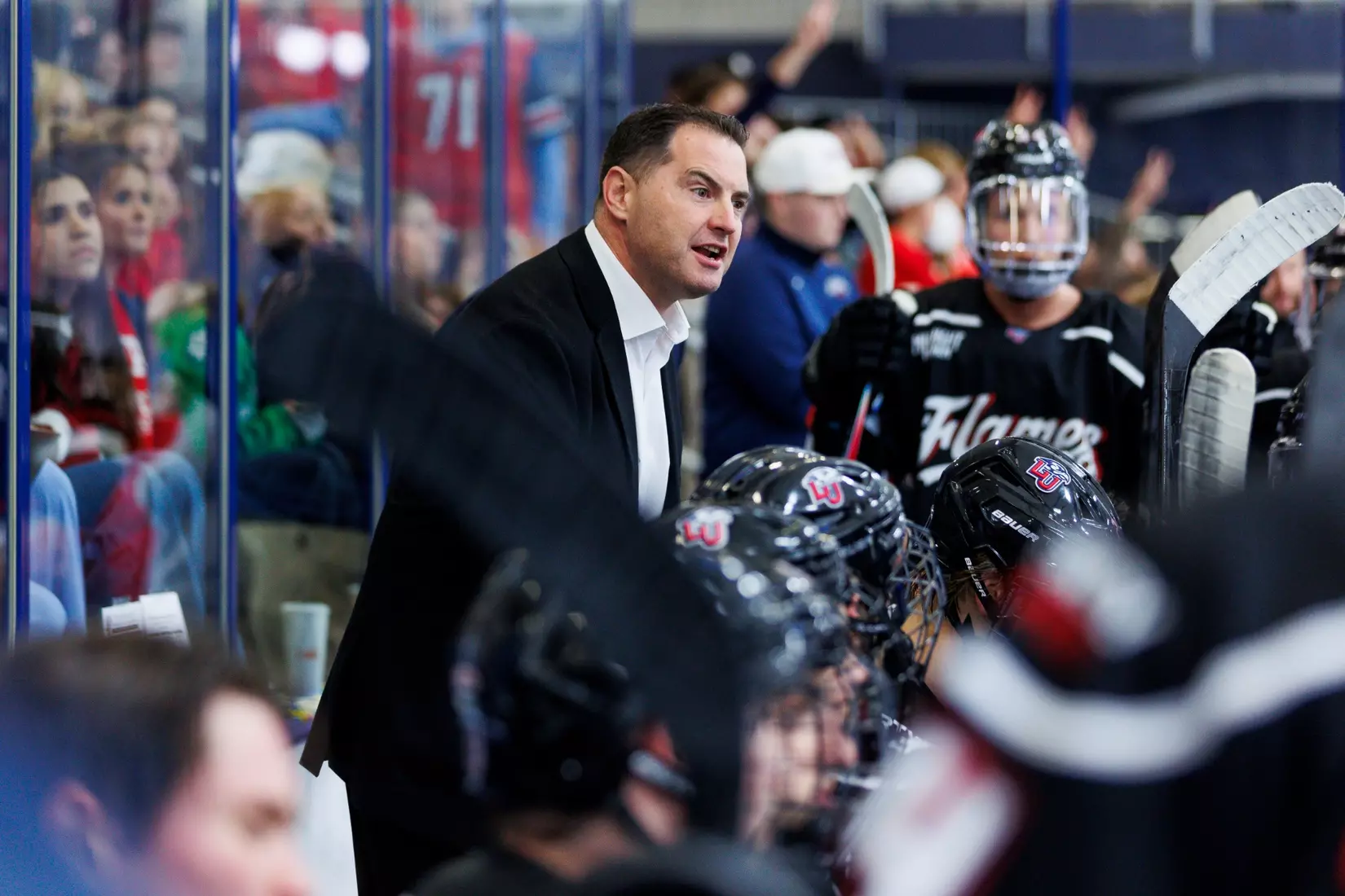 The Liberty Men’s D1 Hockey Team takes on Delaware at midnight for Midnight Mayhem in the Lahaye Ice Center on September 27th, 2025. (Photo by Grace Greer)