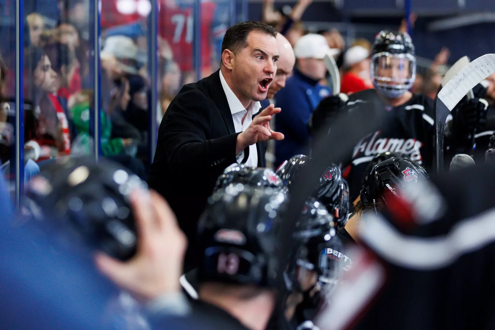 The Liberty Men’s D1 Hockey Team takes on Delaware at midnight for Midnight Mayhem in the Lahaye Ice Center on September 27th, 2025. (Photo by Grace Greer)