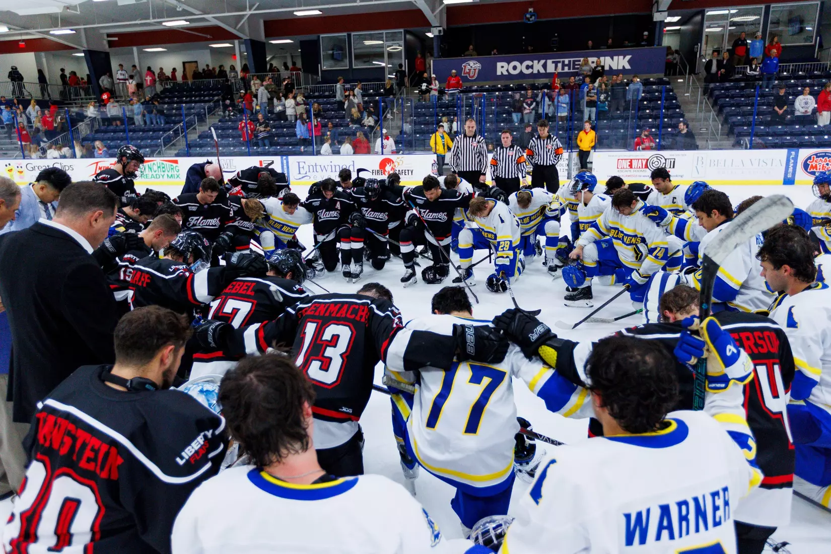The Liberty Men’s D1 Hockey Team takes on Delaware at midnight for Midnight Mayhem in the Lahaye Ice Center on September 27th, 2025. (Photo by Grace Greer)