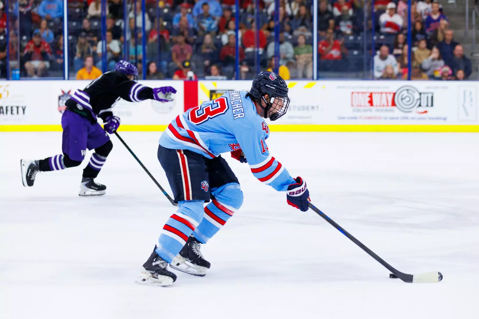 The Men’s D1 Hockey team takes on West Chester for the season opener in the Lahaye Ice Center on September 5th, 2025. (Photo by Grace Greer)