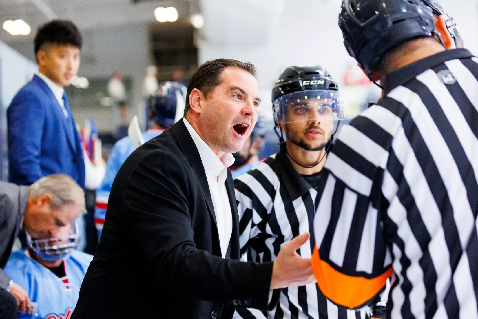 The Men’s D1 Hockey team takes on West Chester for the season opener in the Lahaye Ice Center on September 5th, 2025. (Photo by Grace Greer)