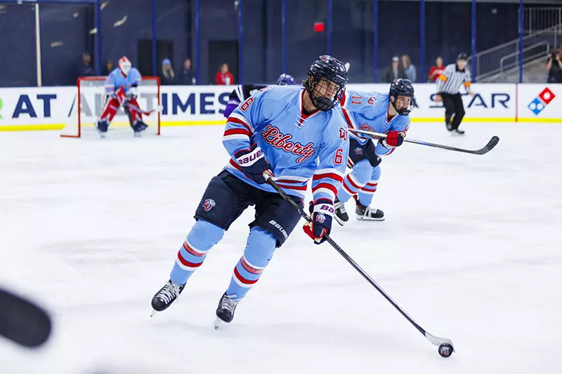 The Men’s D1 Hockey team takes on West Chester for the season opener in the Lahaye Ice Center on September 5th, 2025. (Photo by Grace Greer)