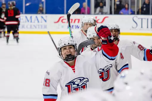 DII women's hockey celebrates goal vs. Huskies