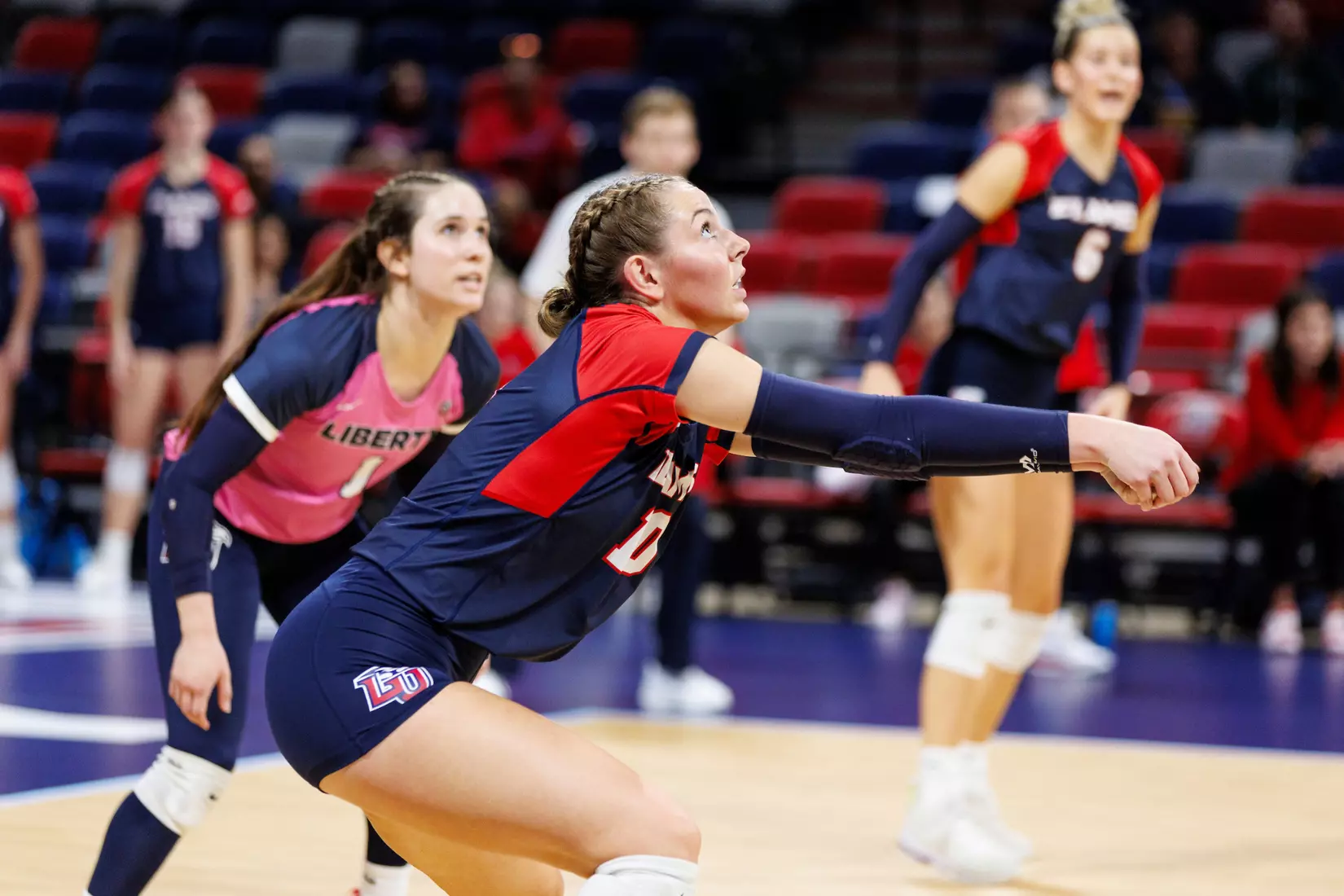 The Liberty University Women’s Volleyball team takes on the Florida International University Panthers at Liberty Arena on October 21, 2023 (Photo by: Chase Gyles)