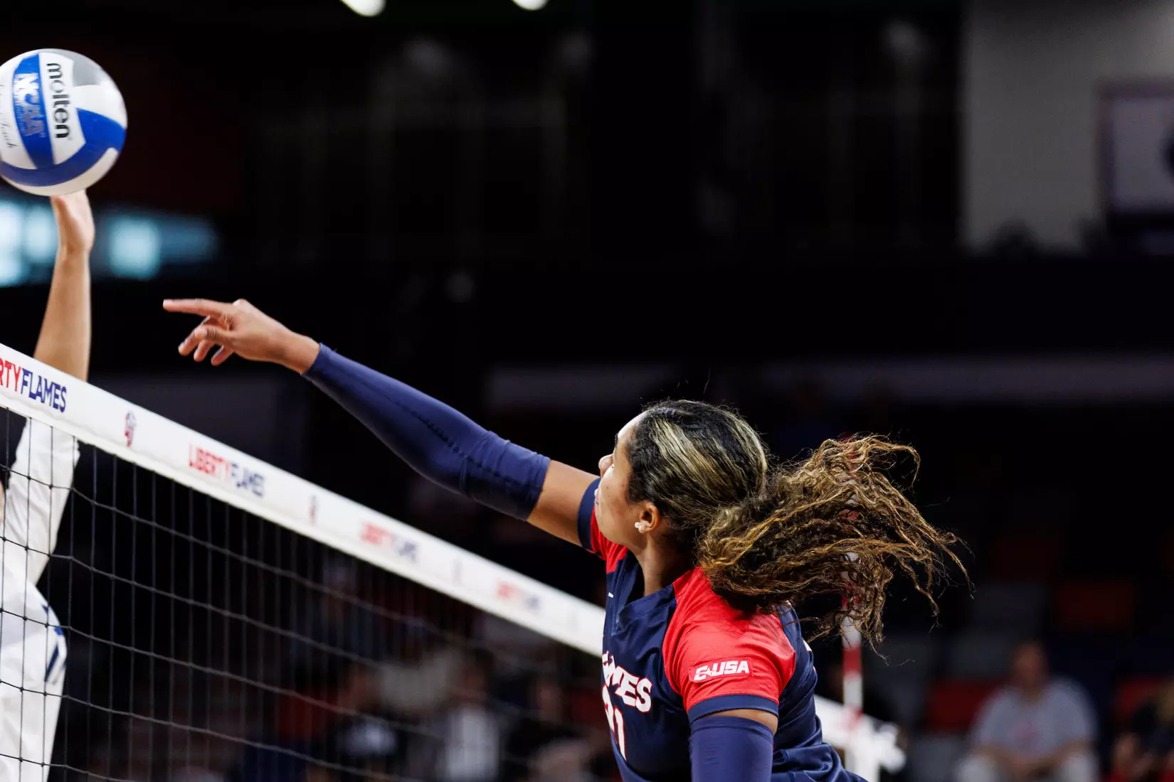 The Liberty University Women’s Volleyball team takes on the Florida International University Panthers at Liberty Arena on October 21, 2023 (Photo by: Chase Gyles)