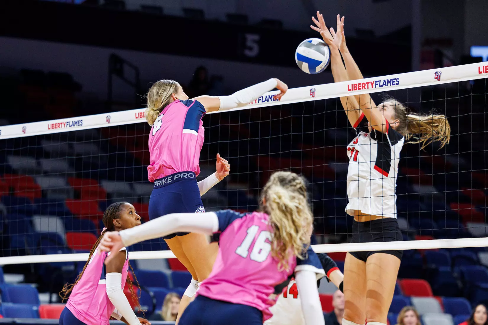 Liberty University’s Women’s Volleyball team takes on the Western Kentucky University Hilltoppers in the Liberty Arena on October 04, 2023 (Photo by: Chase Gyles)