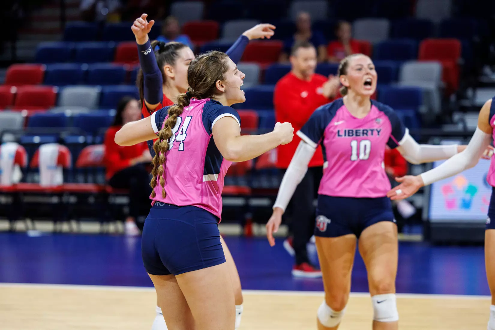 Liberty University’s Women’s Volleyball team takes on the Western Kentucky University Hilltoppers in the Liberty Arena on October 04, 2023 (Photo by: Chase Gyles)