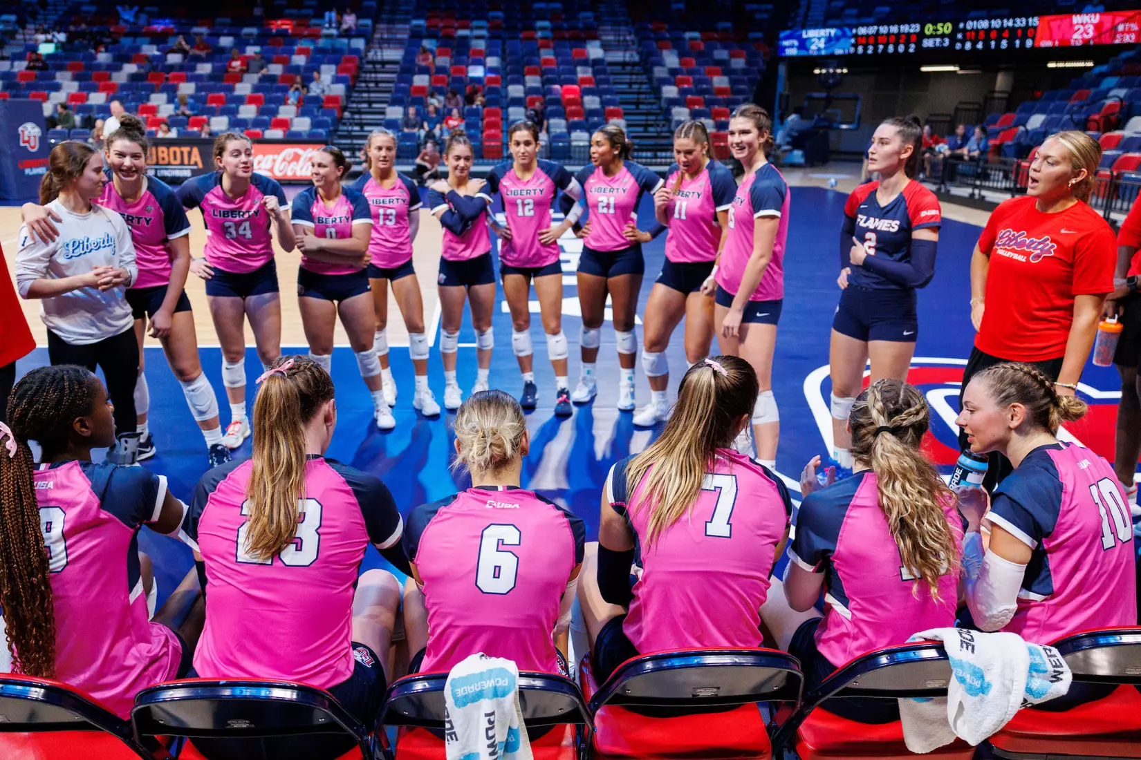 Liberty University’s Women’s Volleyball team takes on the Western Kentucky University Hilltoppers in the Liberty Arena on October 04, 2023 (Photo by: Chase Gyles)
