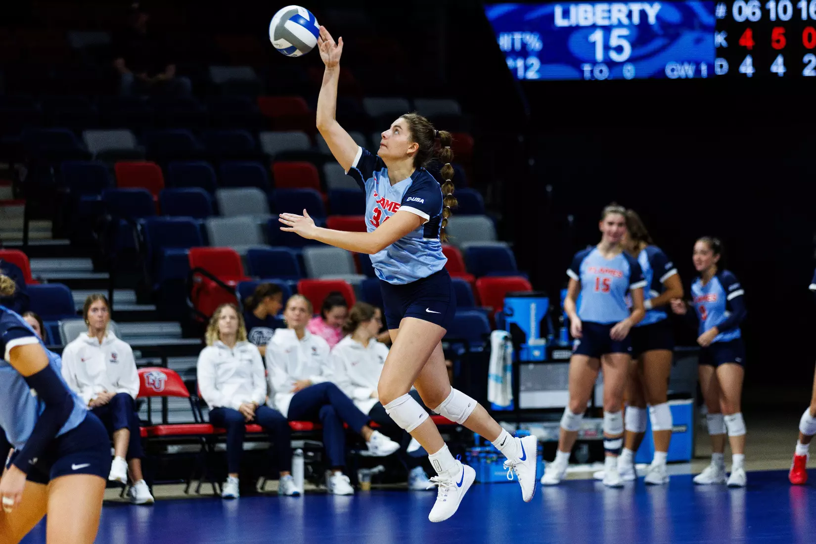 Liberty University's Women's Volleyball team takes on the New Mexico State Aggies at the Liberty Area on October 07, 2023. (Photo by: Jessie Jordan)