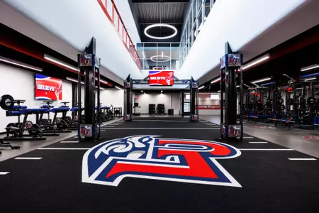 The Football weight room in the Liberty Football Center is photographed on April 5, 2023. (Photo by KJ Jugar)