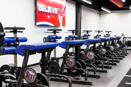 The Football weight room in the Liberty Football Center is photographed on April 5, 2023. (Photo by KJ Jugar)