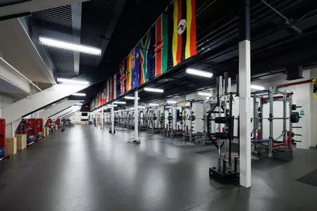 The Track Weight Room in the Liberty Indoor Track Complex is photographed on April 18, 2023. (Photo by Matt Reynolds)