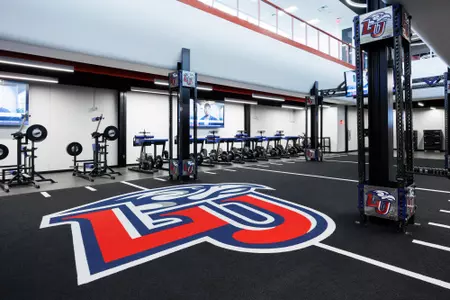 The Football Weight Room in the Liberty Football Center is photographed on April 24th, 2023. (Photo by Matt Reynolds)