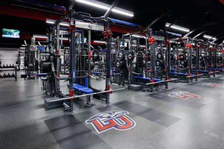 The Football Weight Room in the Liberty Football Center is photographed on April 24th, 2023. (Photo by Matt Reynolds)