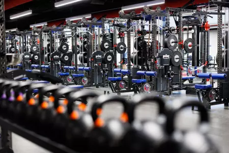 The Football Weight Room in the Liberty Football Center is photographed on April 24th, 2023. (Photo by Matt Reynolds)