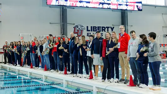 The Women’s Swim and Dive team face Campbell University on Senior Day in the Liberty Natatorium on January 27, 2024 (Photographed by: Kendall Tidwell)