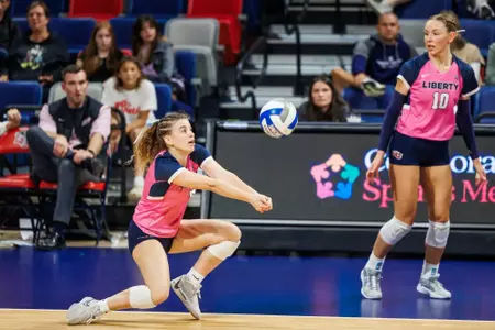 The Liberty Women’s Volleyball team plays against MTSU in the Liberty Arena on October 18th, 2024. (Photo by Brooke McDuffee)