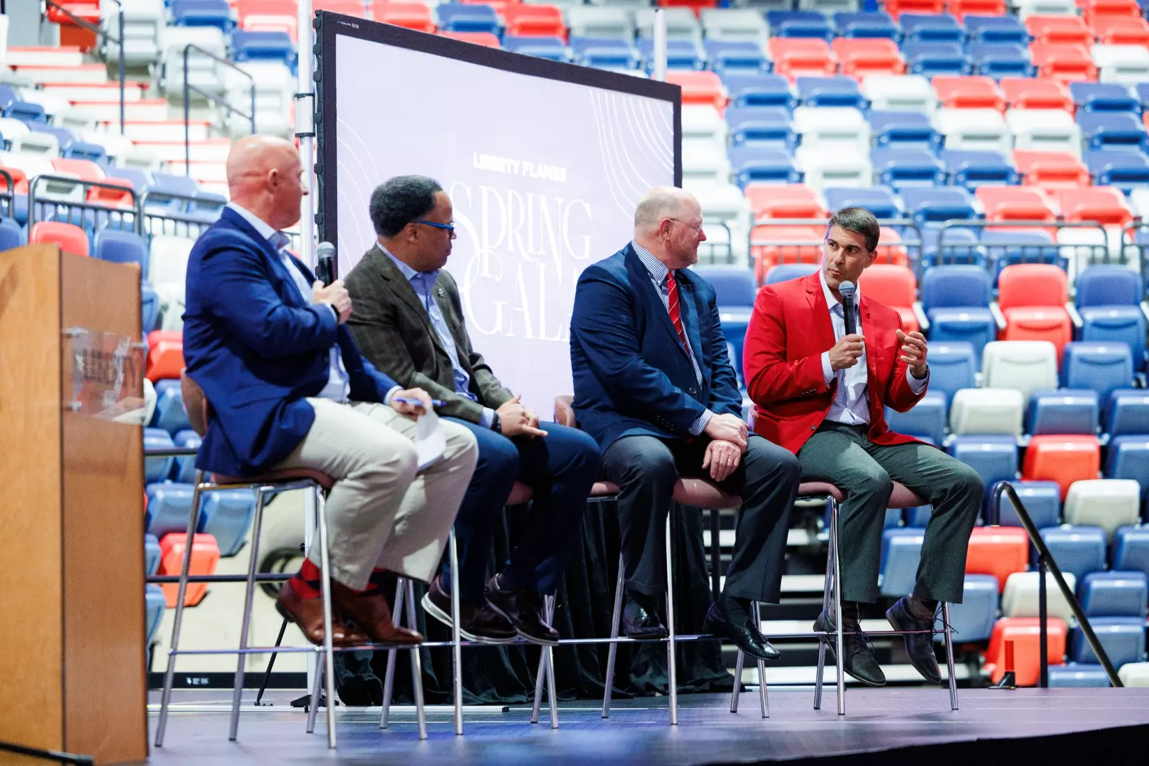 Liberty Athletics held it’s first annual auction, The Liberty Flames Spring Gala, on April 26, 2024. From Left: Alan York, Ritchie McKay, Carey Green, and Jamey Chadwell (Photo by: Matt Reynolds)
