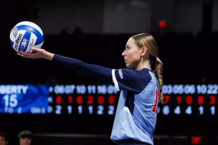 The Liberty University Women’s Volleyball team takes on West Virginia University in the Liberty Arena on September 15, 2024. (Photo by: Emily Cuthrell)
