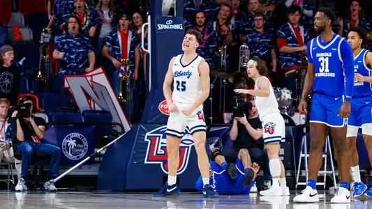 Liberty’s Men’s Basketball team takes on Middle Tennessee State University in Liberty Arena on February 8th, 2024. (Photo by Jacob Summersgill)