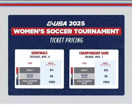 CUSA 2025 Women's Soccer Championship Ticket Pricing. Semifinals Tuesday, Nov. 4 Adult - $11, Youth (3-17) - $6, CUSA Student with ID - Free, Championship Game Friday, Nov. 7 Adult - $16, Youth (3-17) - $6, CUSA Student with ID - Free