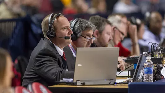 Alan York announces the game during the Liberty Men's vs. Winthrop University game on February 4, 2014. (Photo by Kevin Manguiob)