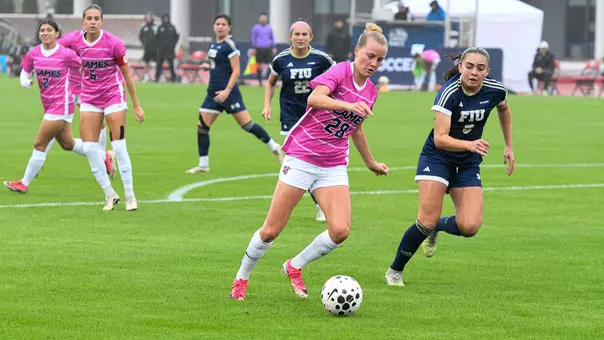 Women's Soccer Maddyson Kerley sets up a kick in a game at home against FIU