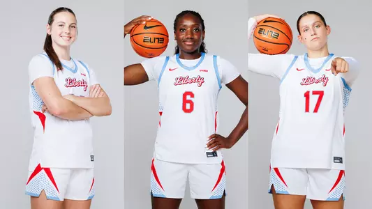 Sophia Gregory, Ify Nwaobi and Emmy Stout pose on Liberty women's basketball media day on Sept. 8, 2026.