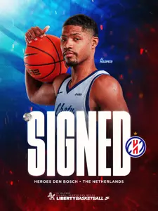 Men's Basketball JJ Harper 1st Pro Contract With Heroes Den Bosch in the Netherlands Aug. 10, 2026 Graphic