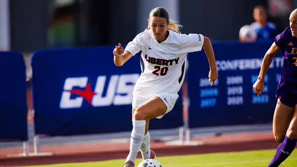Women's Soccer's Carly Keene dribbles the ball in a game against East Carolina on Aug. 13, 2026 from Osborne Stadium