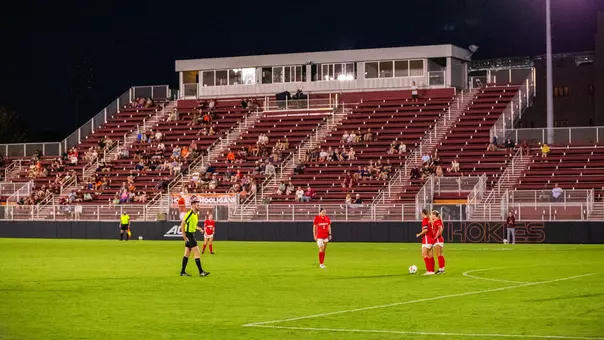 Women's Soccer prepares for a free kick in a game at Virginia Tech's Thompson Field on Aug. 20, 2026