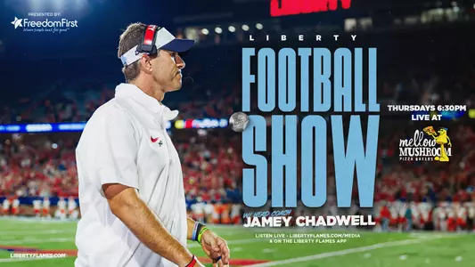 Graphic providing details about the Liberty Football Show Graphic for 2026 season. The show will air each week on Thursday from 6:30 to 7:30 p.m. from the Mellow Mushroom in Lynchburg