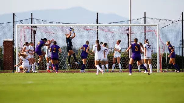 Women's Soccer defends a corner kick in a game against East Carolina in Lynchburg, Va.