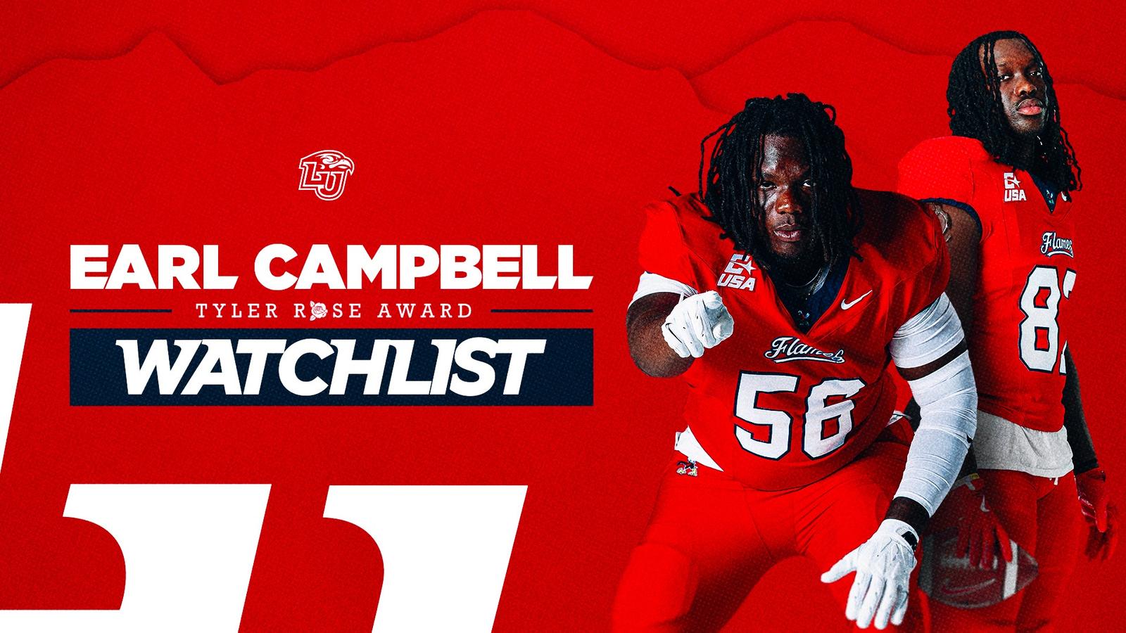 Graphic for 2026 Earl Campbell Tyler Rose Award watch list, which includes two Liberty football players (offensive lineman Christian Williams and tight end LaKelsey Johnson, Jr.)