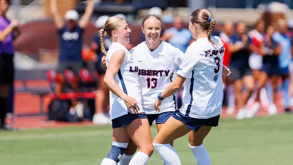 Women's Soccer Dani Gubbels and teammates celebrate a goal in a game against Charlotte on Aug. 20, 2026