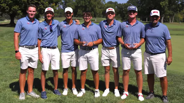 Men's Golf - Group Photo from 2026 Bearcats Invitational (09-15-26). Liberty won the tournament by three strokes and Michael Lugiano claimed co-champion honors with a 9-under par 204.