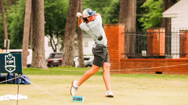 Liberty men's golfer Luke Libbey off the tee box at the CUSA Men's Golf Championship (April 28, 2026)