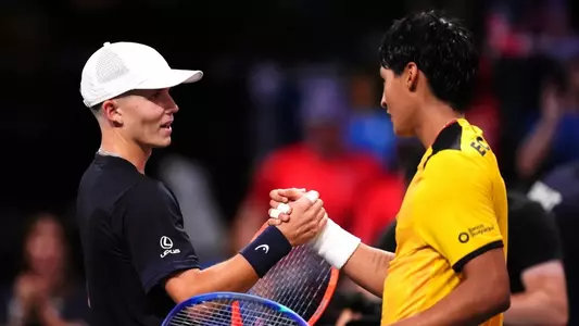 Men's Tennis Angel Veliz congratulates his opponent after a Davis Cup Match