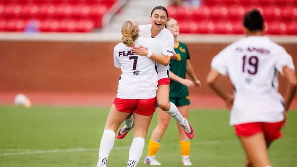 Women's Soccer Audrey Heustis Celebrates a Goal with Keelyn Eslinger vs. George Mason (9/6/26)