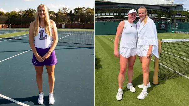 Madeline Brooks, class of 2019, is participating at Wimbledon. Left photo is of her at Lipscomb, and the right is with her doubles partner, Amelia Rajecki after a practice session.