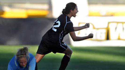 Sophomore Nadia Link celebrates after scoring the 49ers' first goal in an eventual 2-1 victory over Utah State.