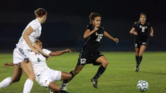 11/18/2011: Long Beach State's leading goal scorer, Nadia Link works for a shot during Friday night's 1-0 victory over Miami in the second round of the NCAA women's soccer playoffs at UCLA.