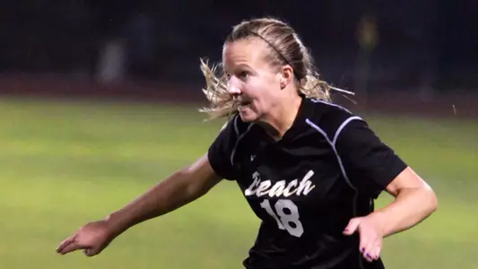11/18/2011: Kelsey Wilson follows the flight of her shot that became the only goal, in the 81st minute, as Long Beach State defeated Miami, 1-0, in a second round NCAA women's soccer match at UCLA Friday night.